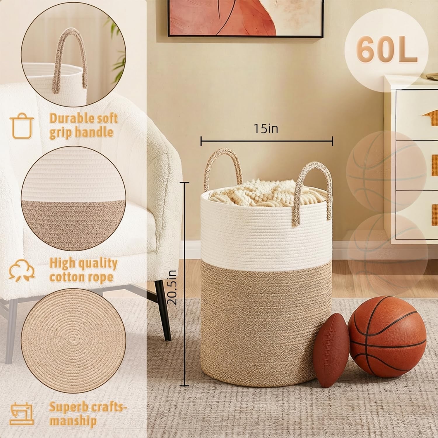 Artfeel Laundry Basket,Woven Cotton Rope Hamper,60L for 60L, Brown