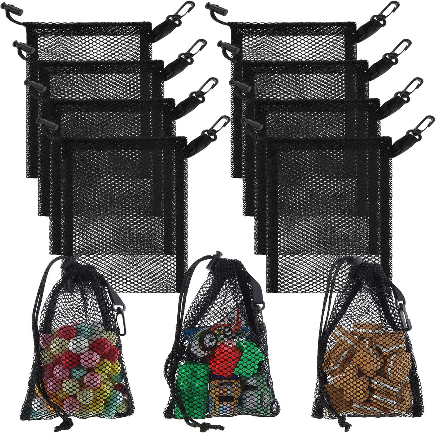 8 bolsas de malla negras con cordón y clips (20 x 15 cm / 7,9 x 6 pulgadas)