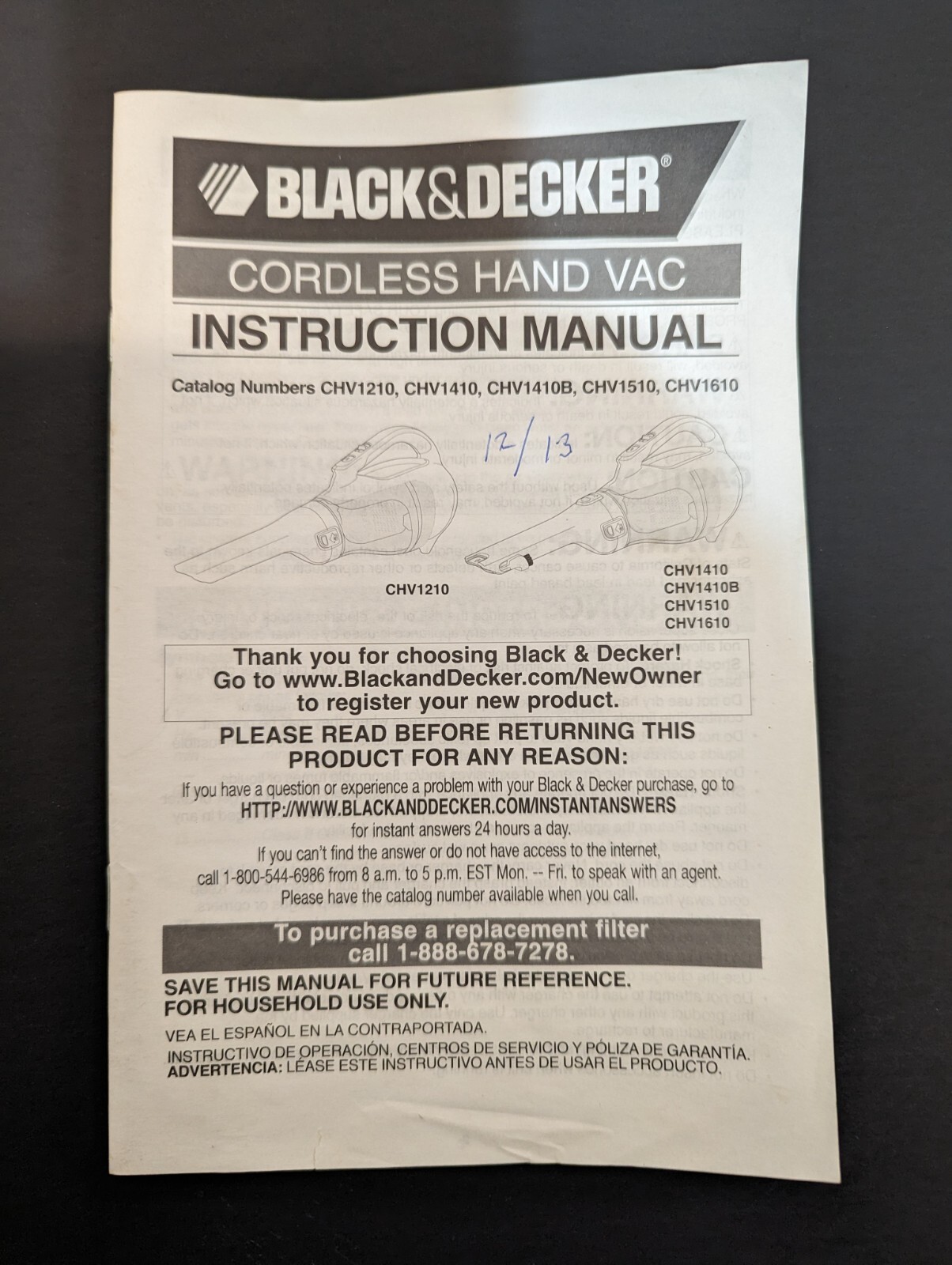 BLACK & DECKER Hand Vacuum CHV1210 CHV1410 CHV1510 CHV1610 Owners Manual Only
