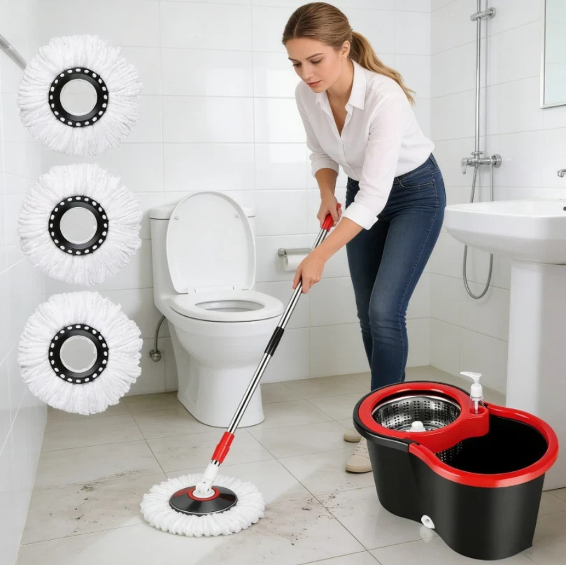 360° Spin Mop & Bucket Set with Microfiber Heads, Stainless Steel Wringer