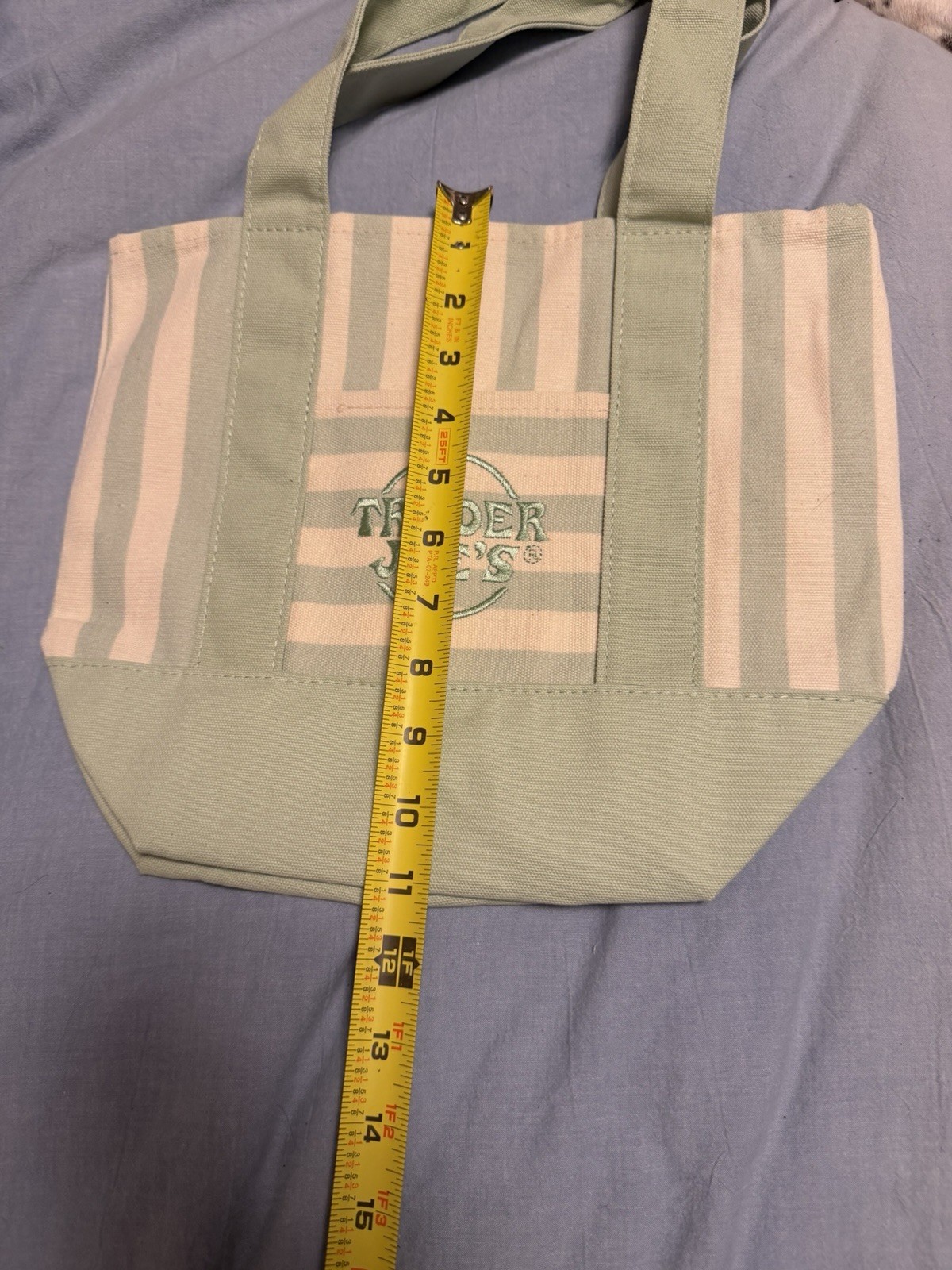 Trader Joe’s Cotton Polyester Reusable Tote Bag Green White Stripe 13x10x6 in