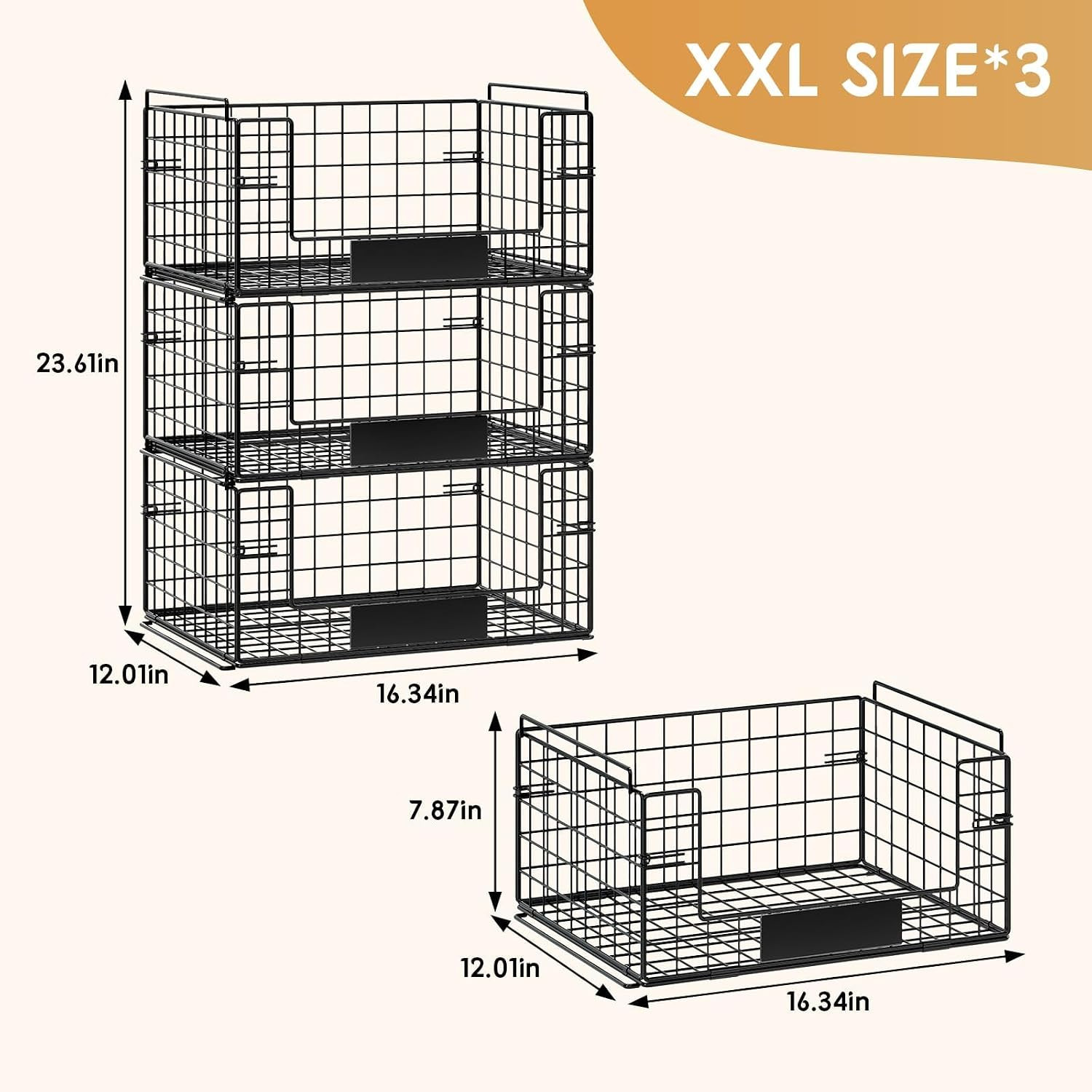 3 Pack XXL Stackable Wire Baskets, Pantry Organizers and Storage | Fruit Basket