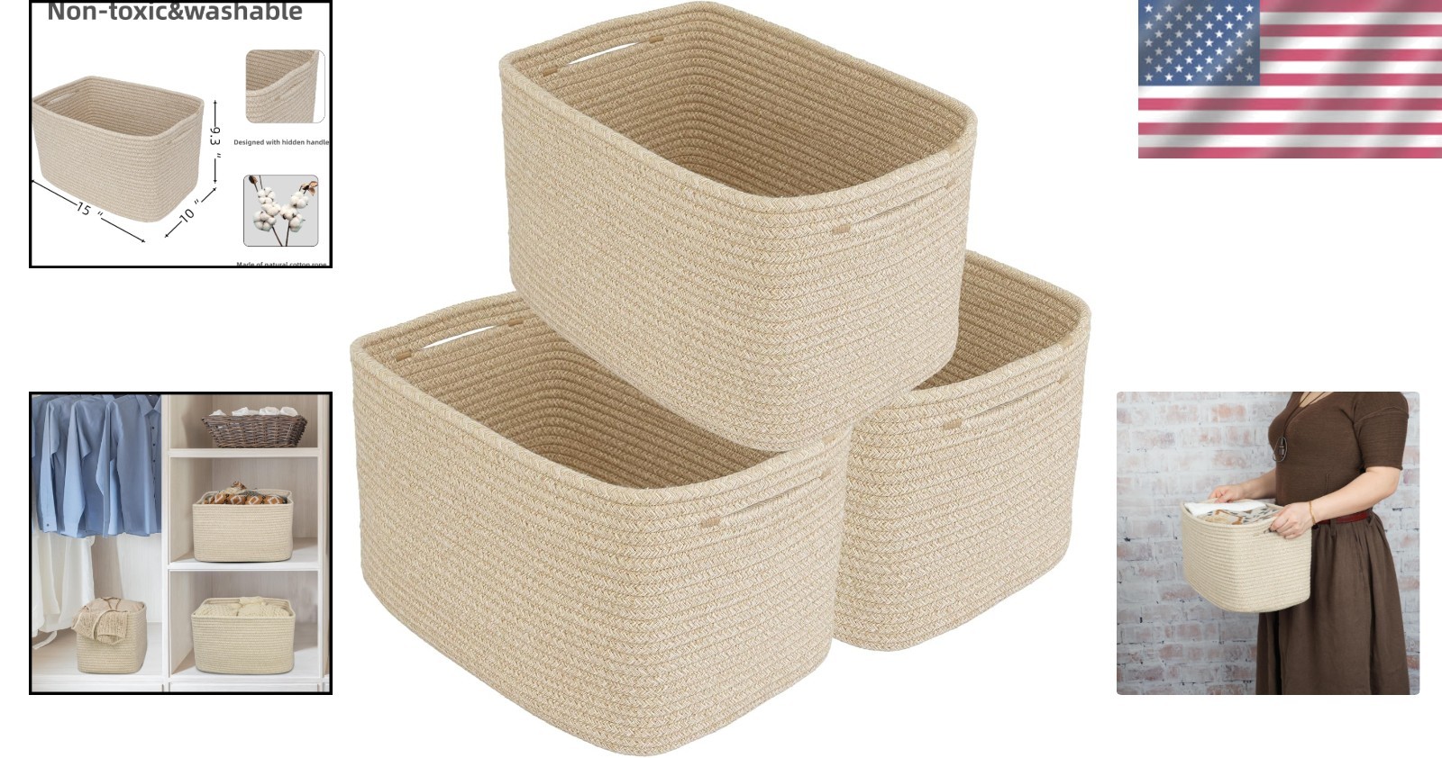 Elegant Woven Cotton Rope Storage Baskets, 15x10x9.3” – 3 Pack Oatmeal