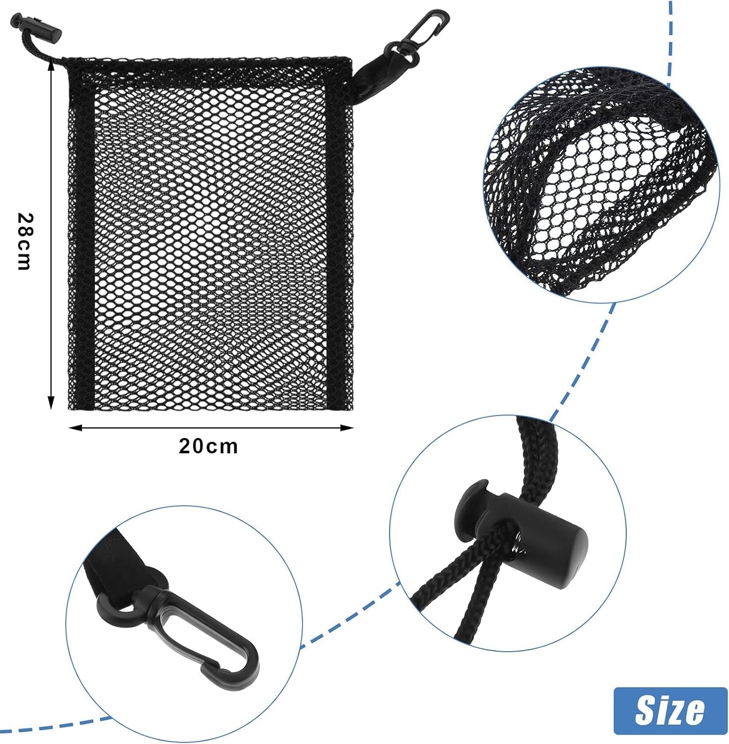 8 bolsas de malla negras con cordón y clips (20 x 15 cm / 7,9 x 6 pulgadas)
