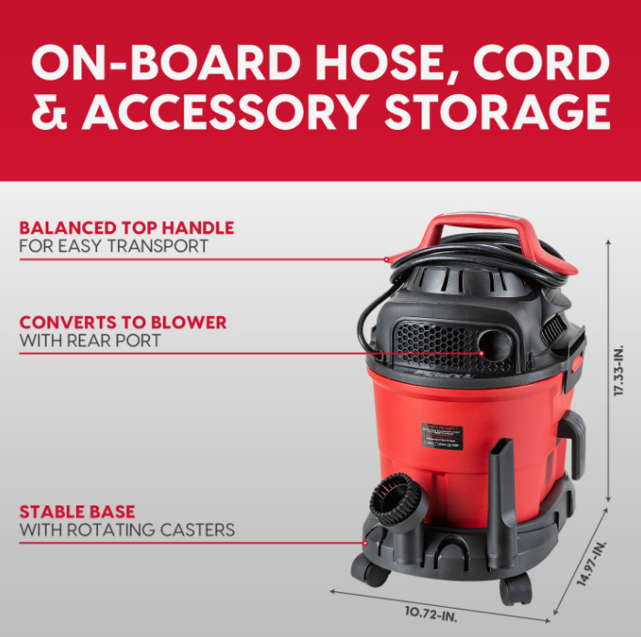 Vacmaster 3.2 Gallon 2.5 Peak Wet Dry Vacuum Cleaner Wall Mounted Portable Red