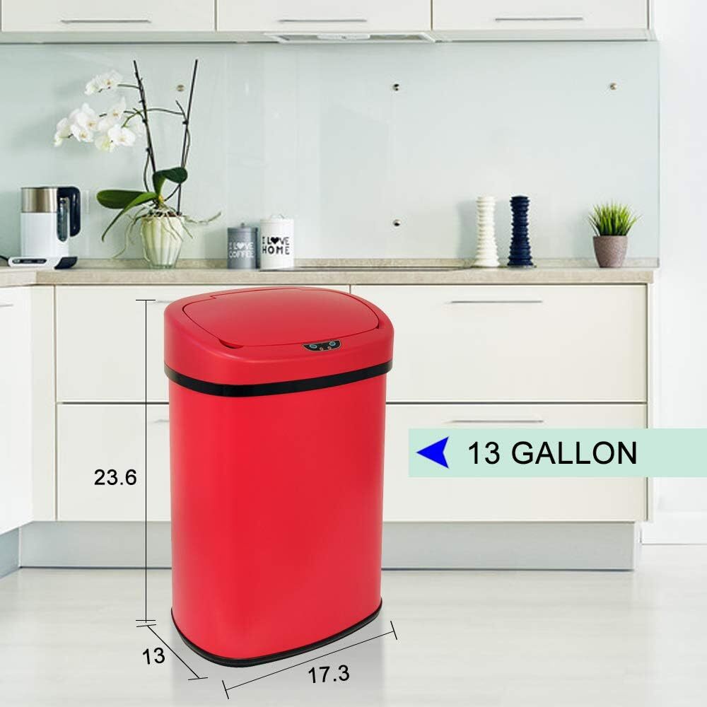 13 Gal Stainless Kitchen Trash Can Touch Free Automatic Sensor 50L Trash Can Red