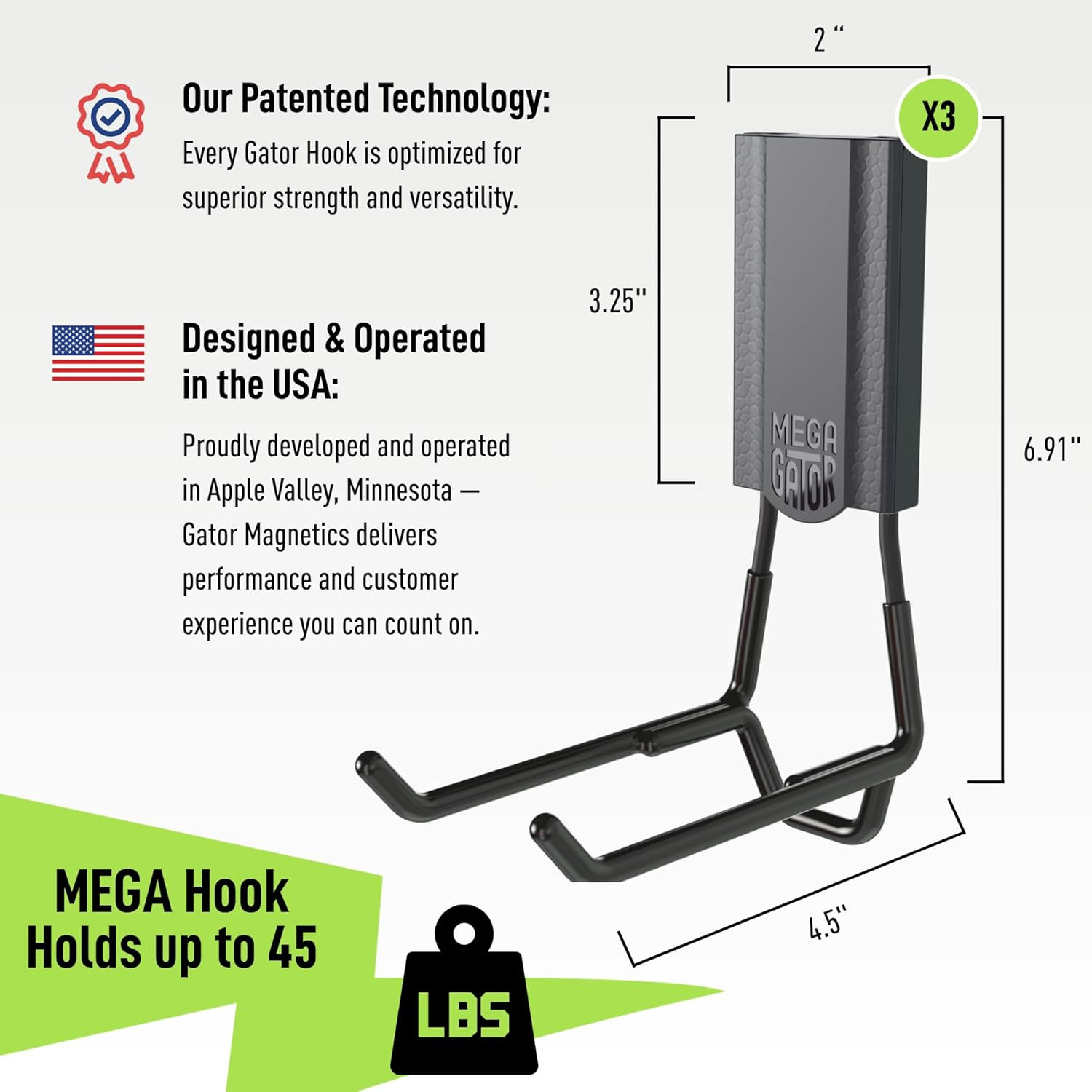 GATOR MAGNETICS MEGA 4.5 in Open Hooks, 45 Lb Heavy Duty Magnetic Hooks for Stee