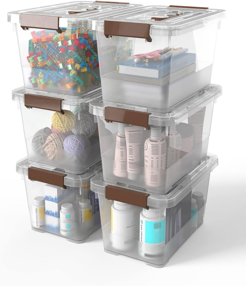 6-Pack Clear 7 Quart Storage Latch Box/Bins, Plastic Stackable Latching Box with