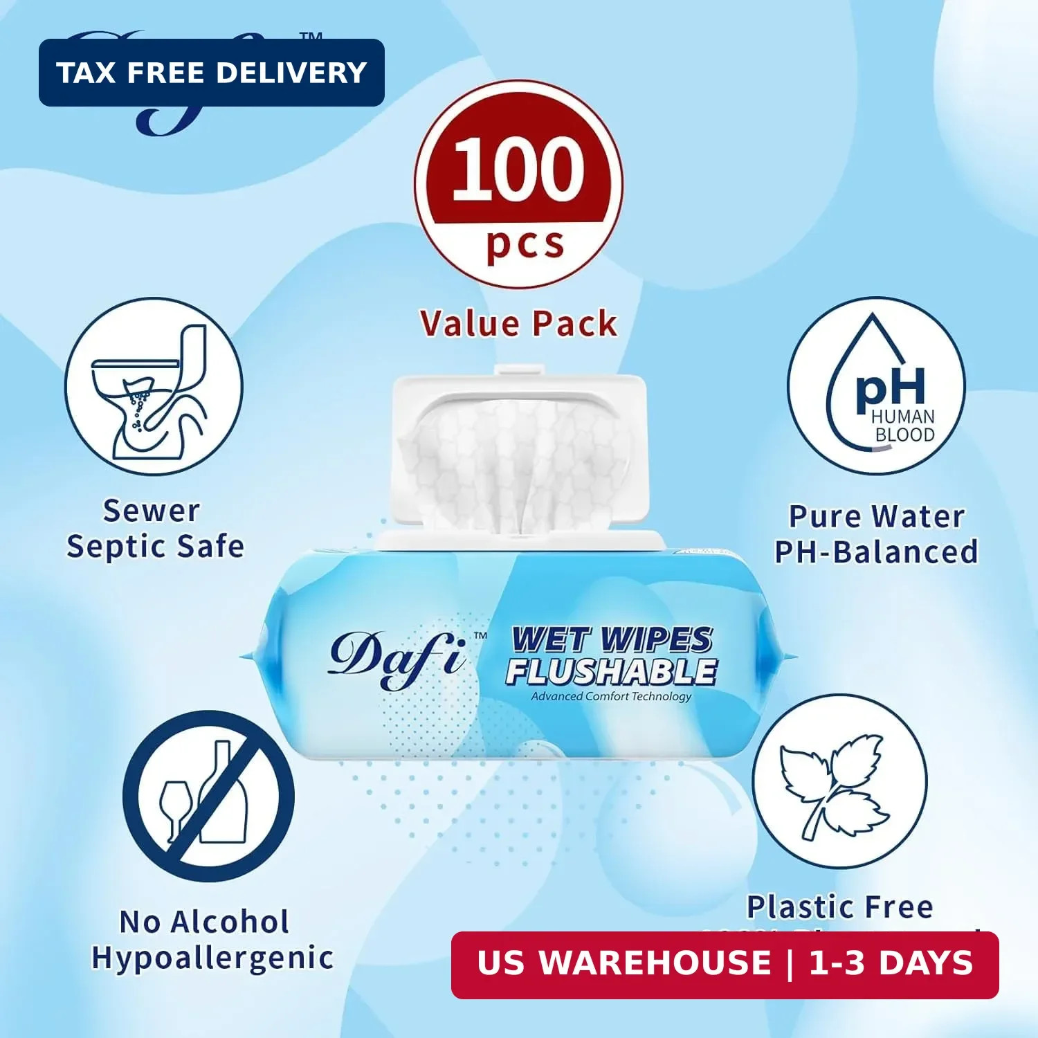 DAFI Flushable Wipes for Adult Wet Wipes, Total 300 Unscented Toilet Wipes Flush