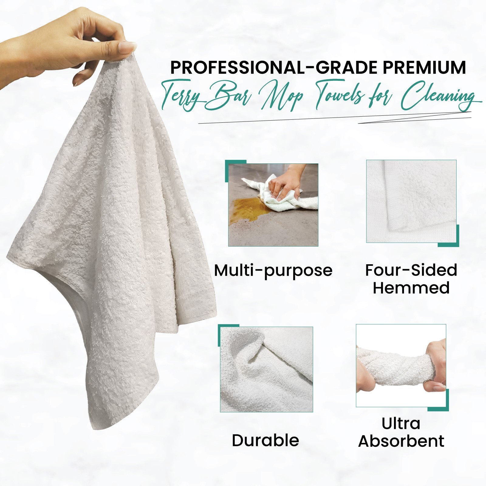 New Terry Bar Mop Towels – Bulk White Rags for Cleaning, Bars & Home – Boxes