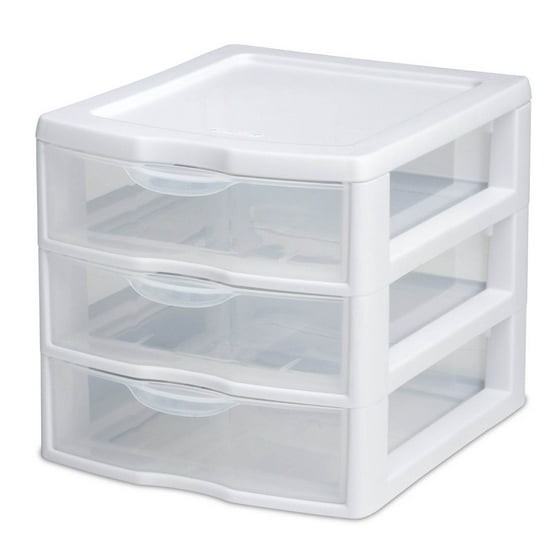Sterilite Small 3 Drawer Unit, Clear Plastic Countertop or Desktop Drawers,White