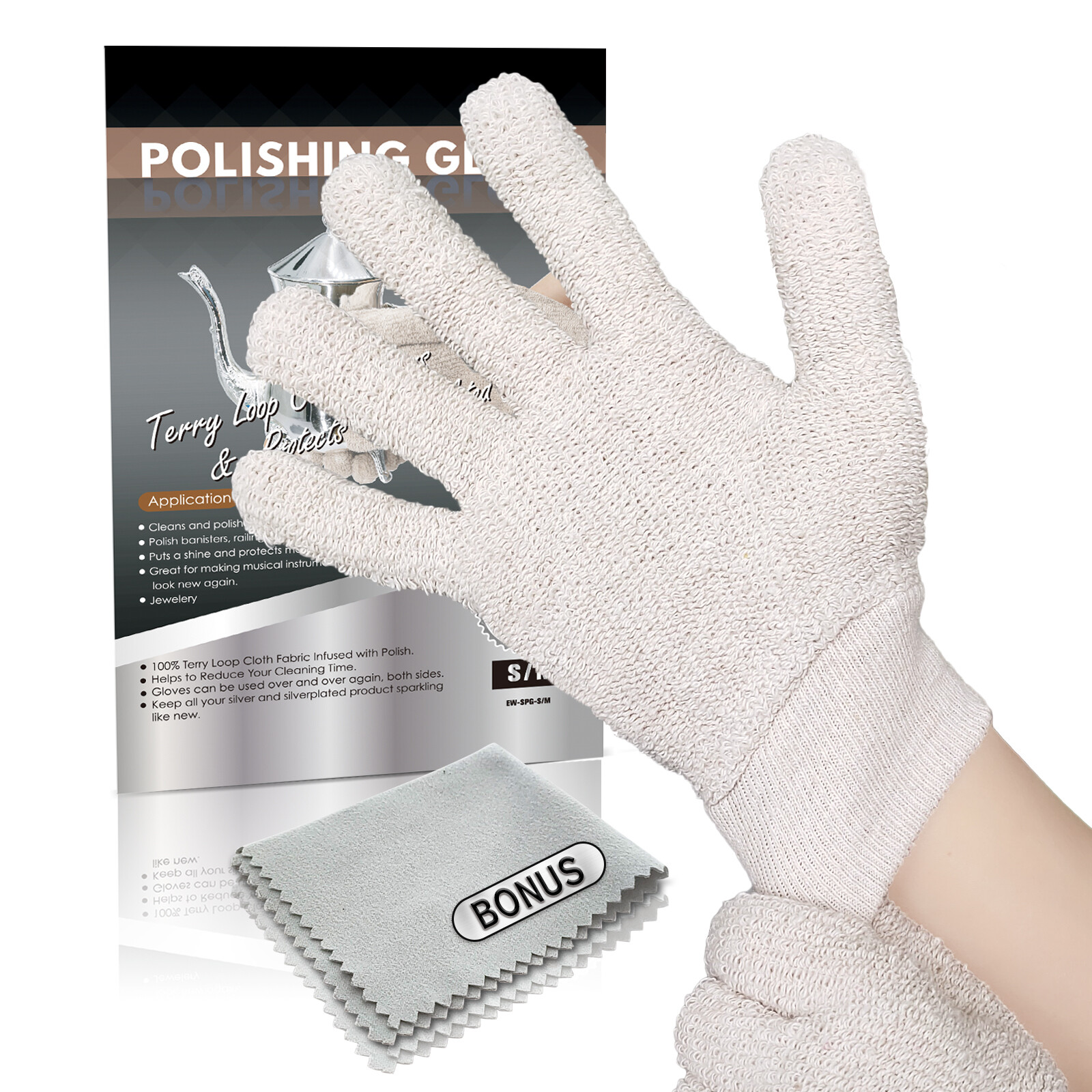 EvridWear Sterling Silver Polishing Cleaning Gloves with Terry Loop Cloth