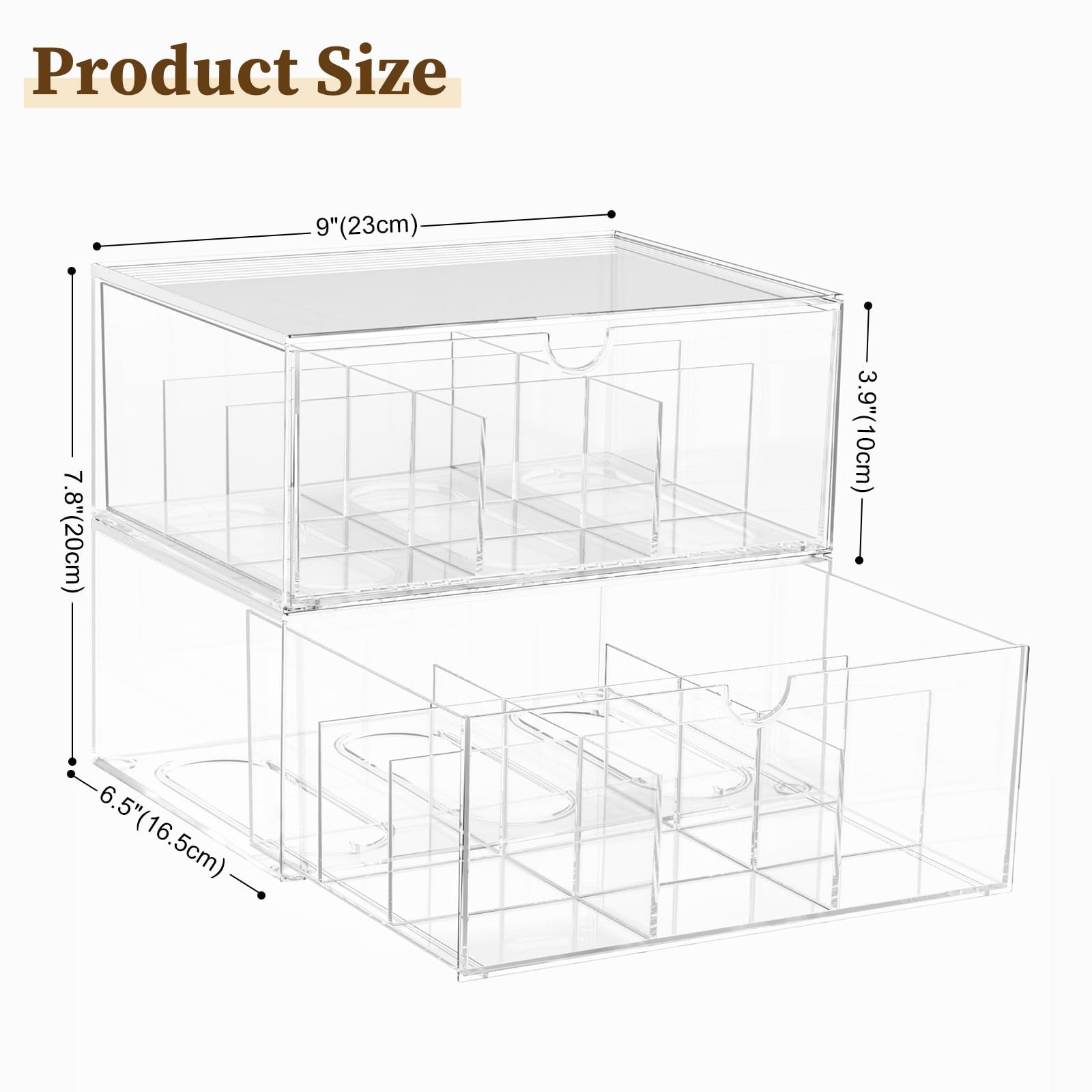2 Pack Clear Tea Bag Organizer, Stackable Drawer 6.5 x 9 x 7.8 inches,
