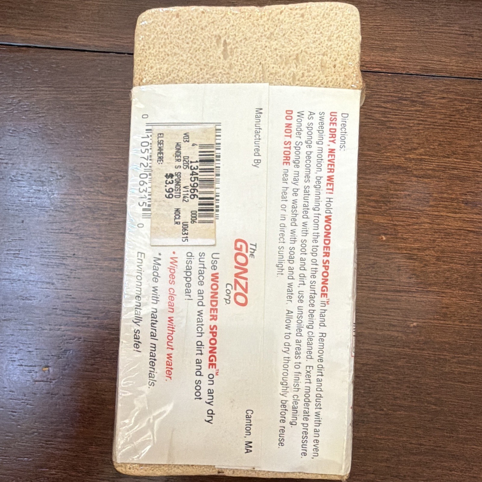 Gonzo Wonder Sponge Beige Cleaning Sponge Block 1 Pack Made in USA 105 Washes