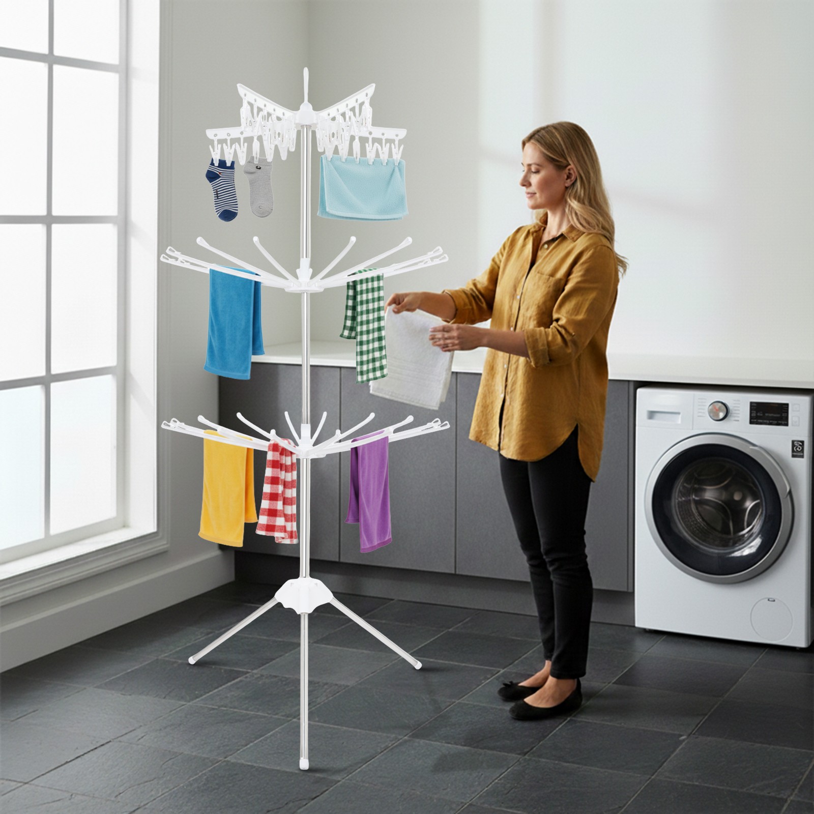 67″ 3-Tier Clothes Drying Rack With 24* Clips Floorstanding Laundry Drying Rack
