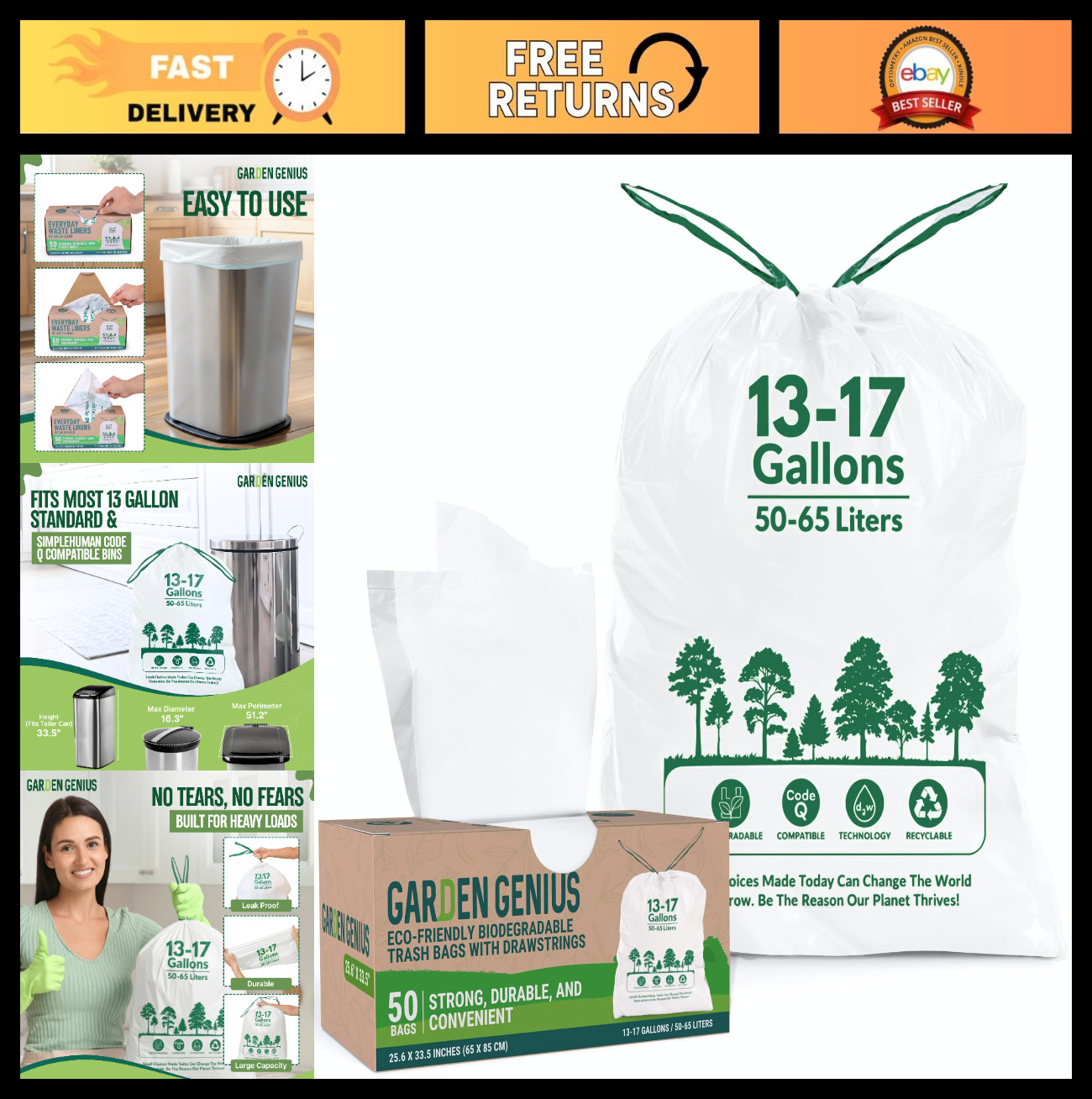 Biodegradable 13-17 Gallon Trash Bags, Heavy-Duty Drawstring Kitchen Bags, Eco-F