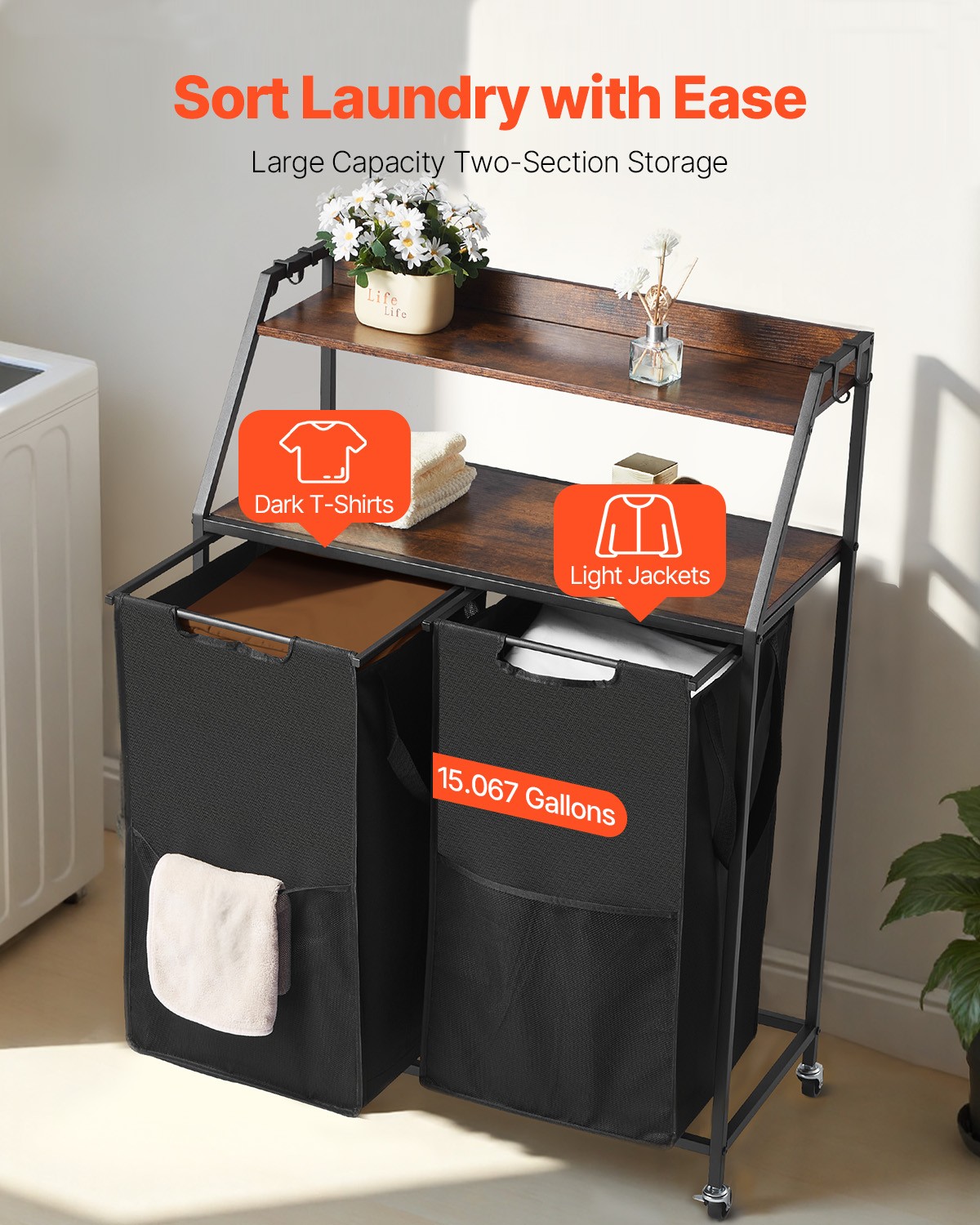 VEVOR 2 Tiers Laundry Sorter Tall Laundry Hamper with Wheels and Hooks 2 Section