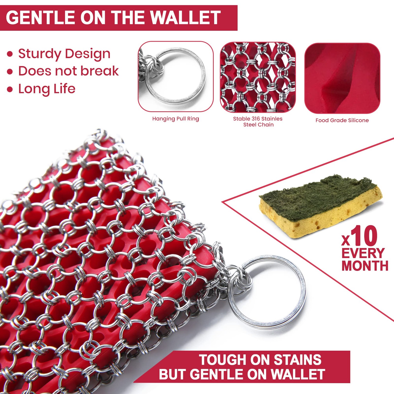 Cast Iron Scrubber Chainmail – 316L Cleaner Large, Red and Silver