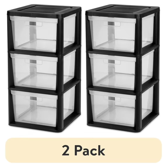 (2 pack) Sterilite 3 Drawer Tower Plastic Storage Organizer Black