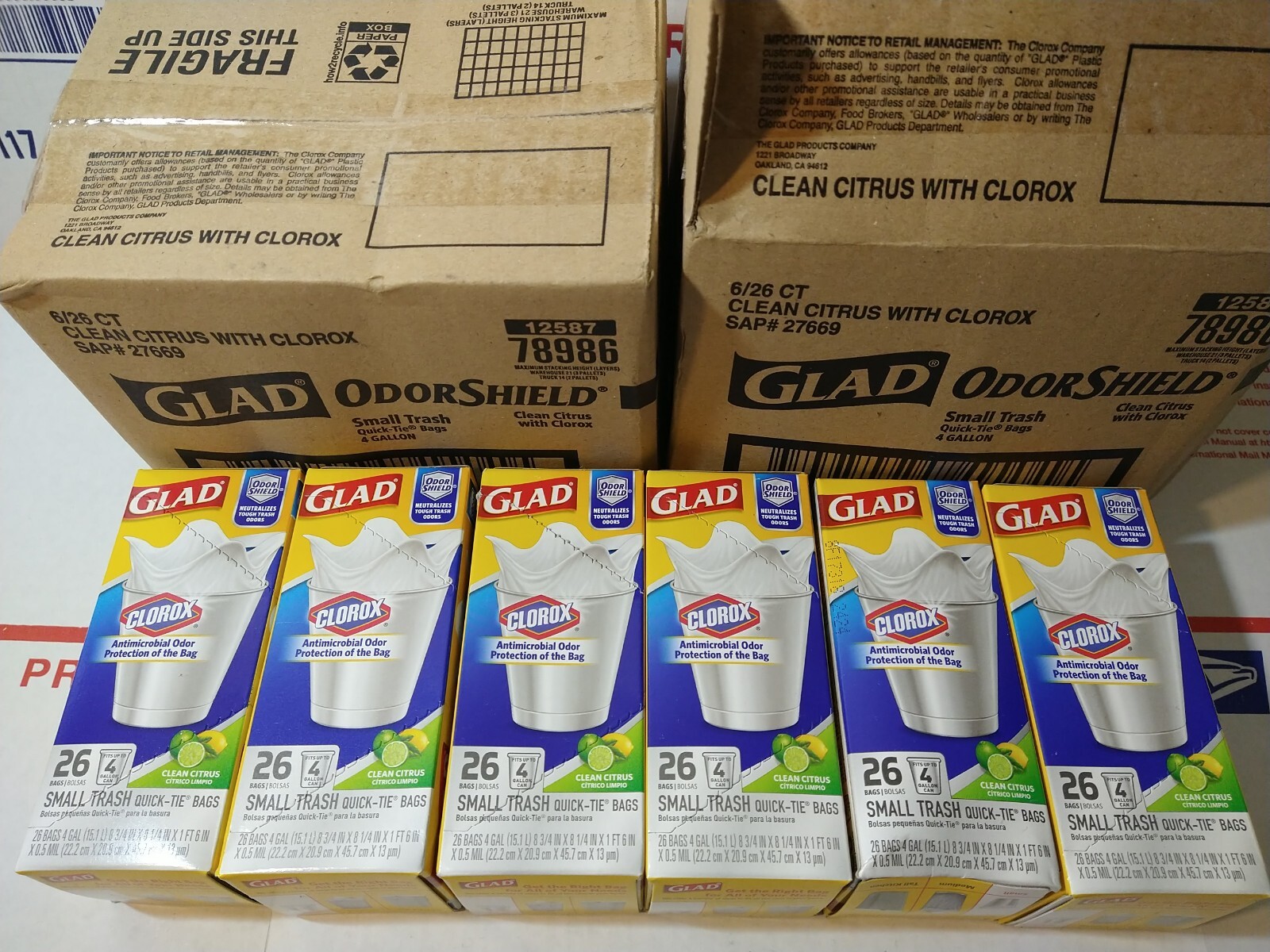12x Glad OdorShield Small Trash Bags Clean Citrus Scent 4 Gallon 26-Count ea box