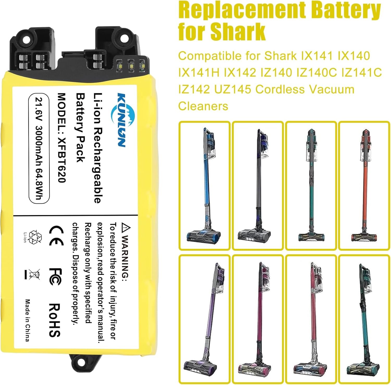 Replacement XFBT620 Battery for Shark Vacuums – IX141/IZ140/UZ145 21.6V 3000mA