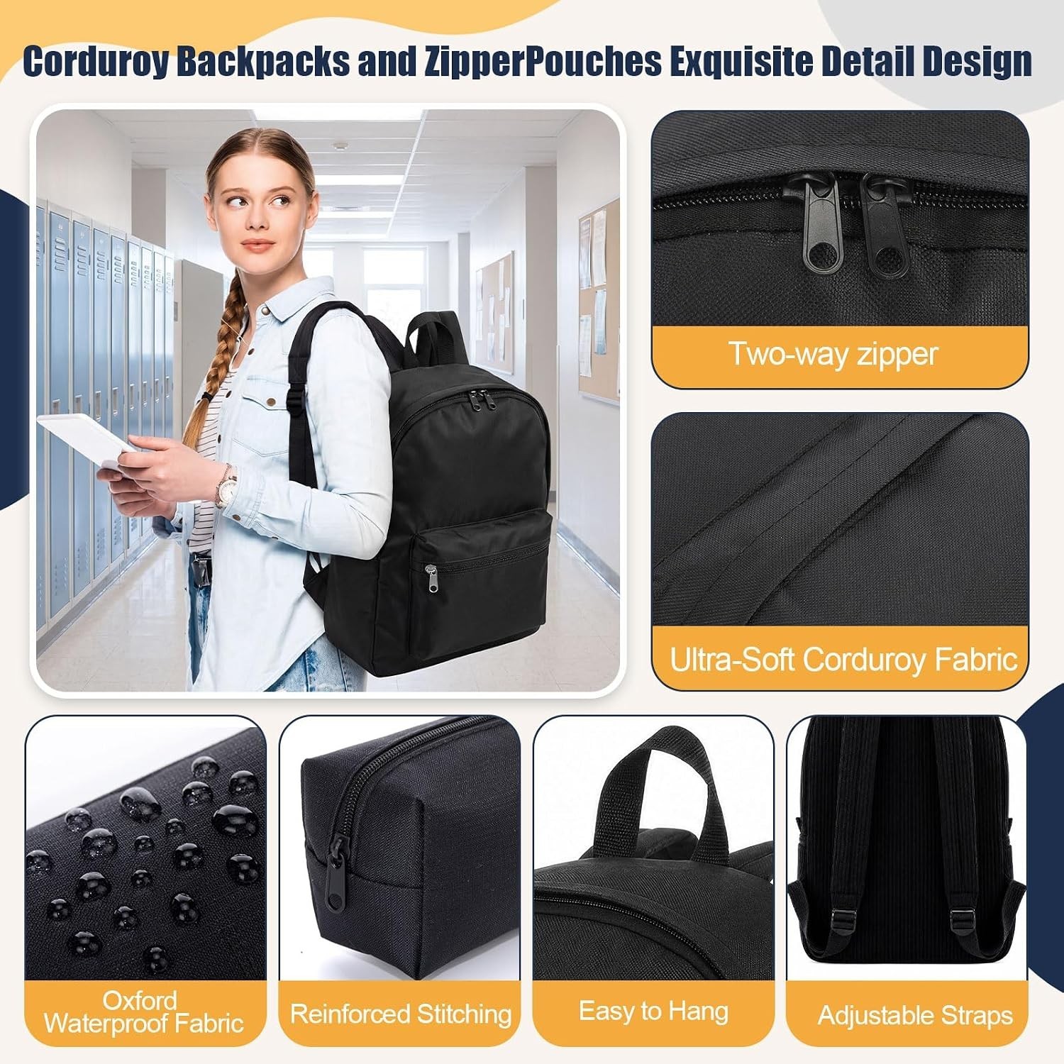Bulk 80 Pcs Black Oxford Backpacks & Zipper Pouches for Travel & Daily Use
