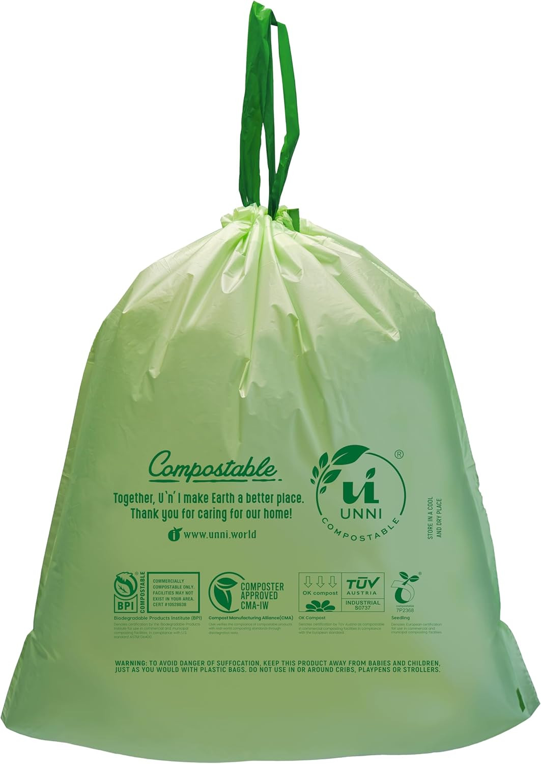 Compostable Drawstring Bags, 13 Gallon, 49.2 Liter, 30 Count, Heavy Duty 1 Mil,