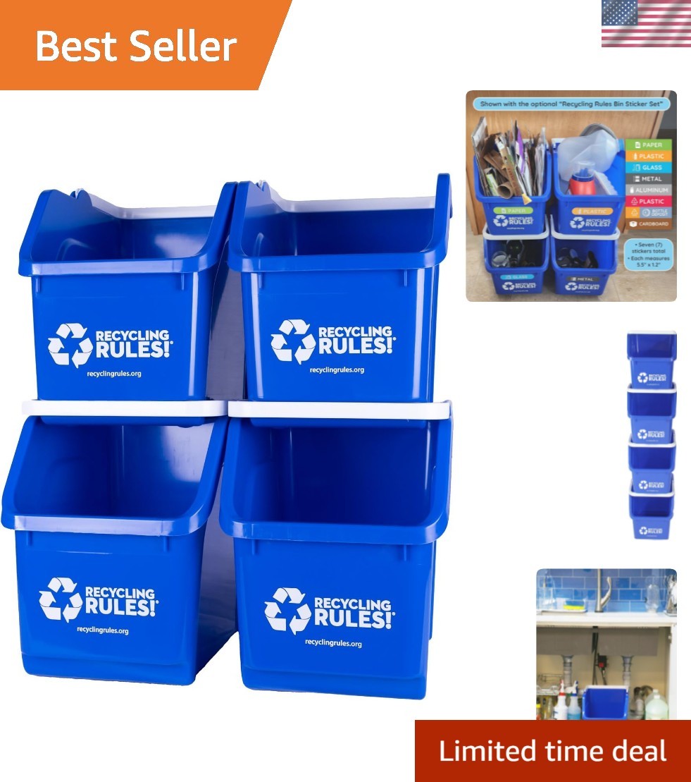 6 Gallon Stackable Recycling Bin Container in Blue, Eco-Friendly BPA-Free Han…