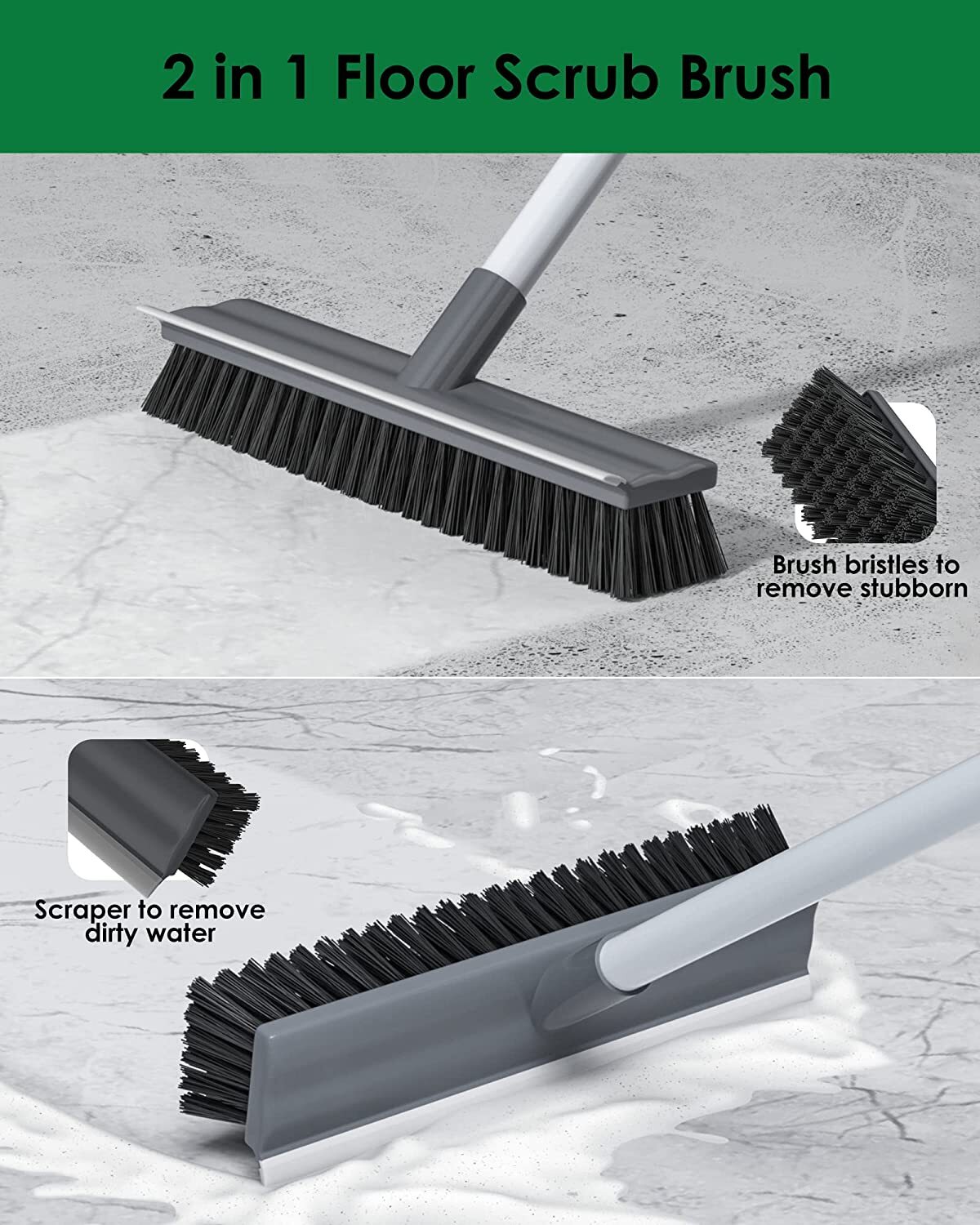 Floor Scrub Brush 2 in 1 Scrape&brush Push Broom Stiff Bristle 17″-55″ Handle