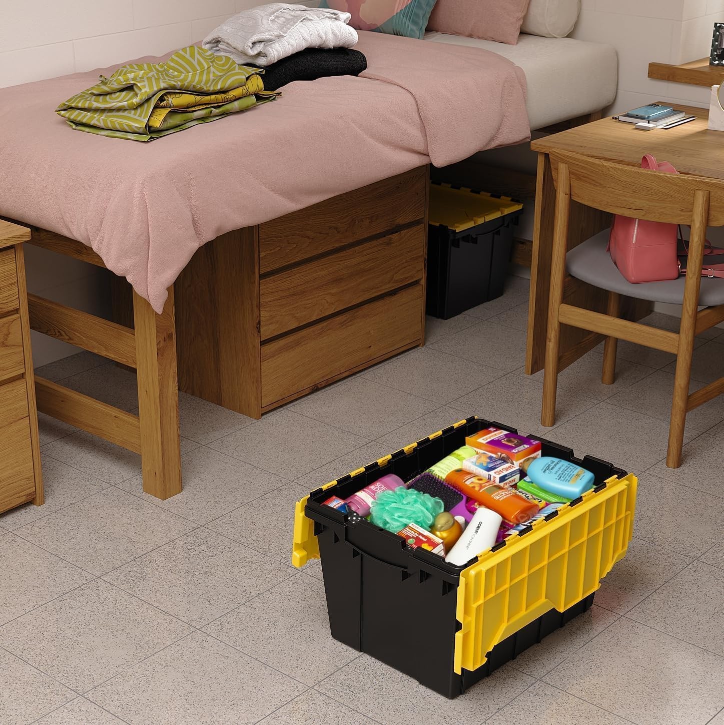 Akro~Mils 12 Gal Stackable Plastic Storage Tote Box with Lid, Black/Yellow