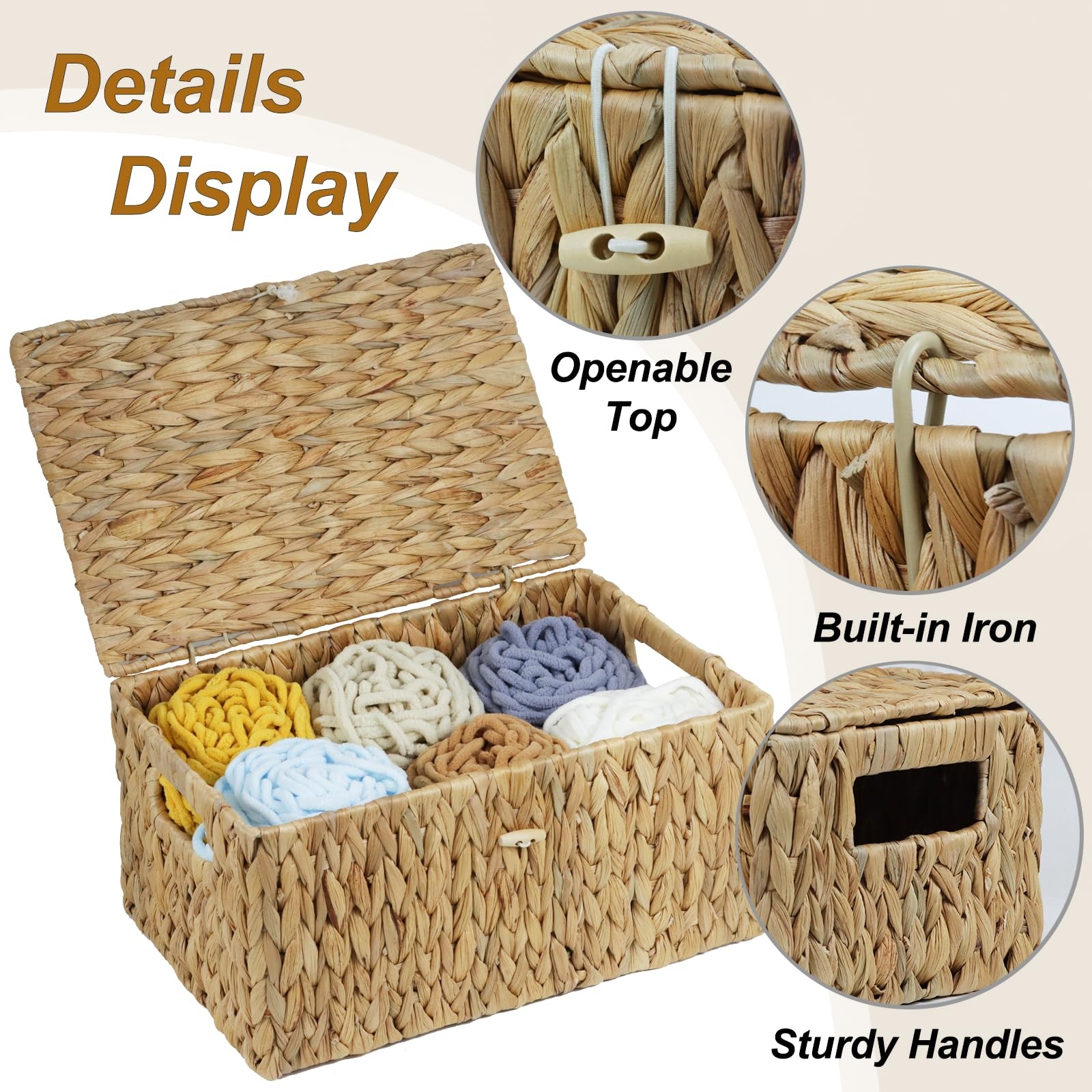 14.2×9.4×7 Inch Large Wicker Basket Lid Rectangular Water Hyacinth Storage