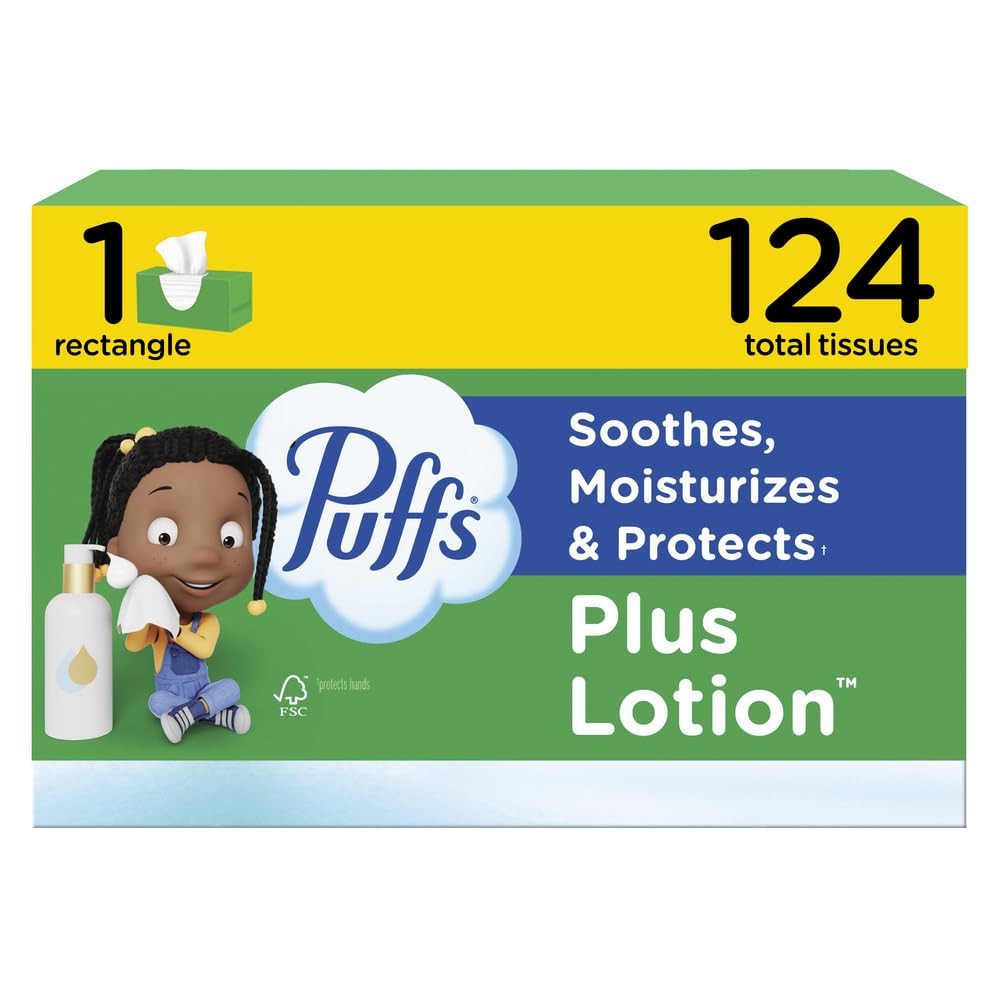 Puffs Facial Tissues Plus Lotion, 1 Family 124 Count (Pack of 1), White