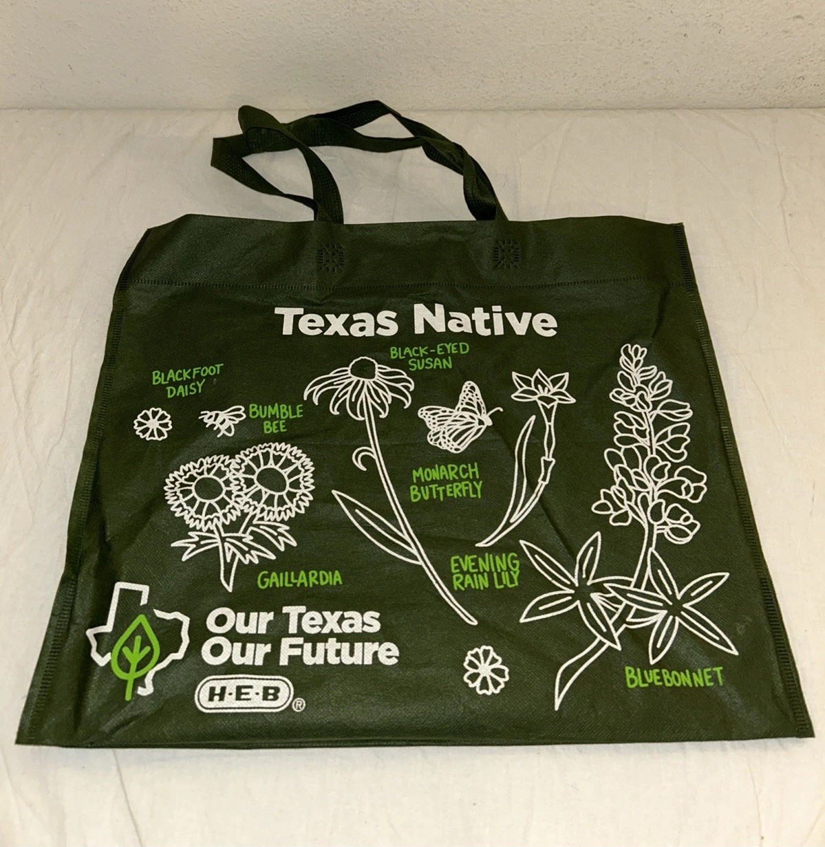 HEB Our Texas Our Future Reusable Shopping Bag Green Texas Native Flowers Tote