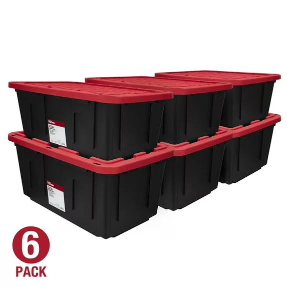 (6 pack) Hyper Tough 27 Gallon Large Storage Bin with Snap Lid, Black and Red
