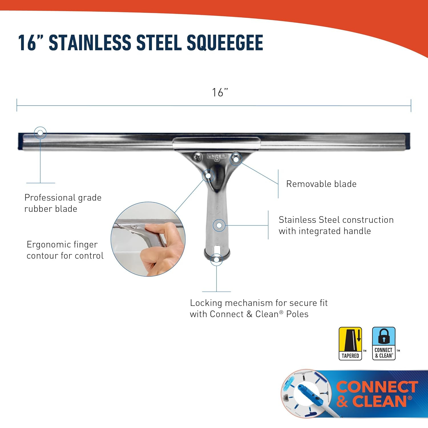 16 Inch Stainless Steel Window Squeegee Professional Streak Free Cleaner
