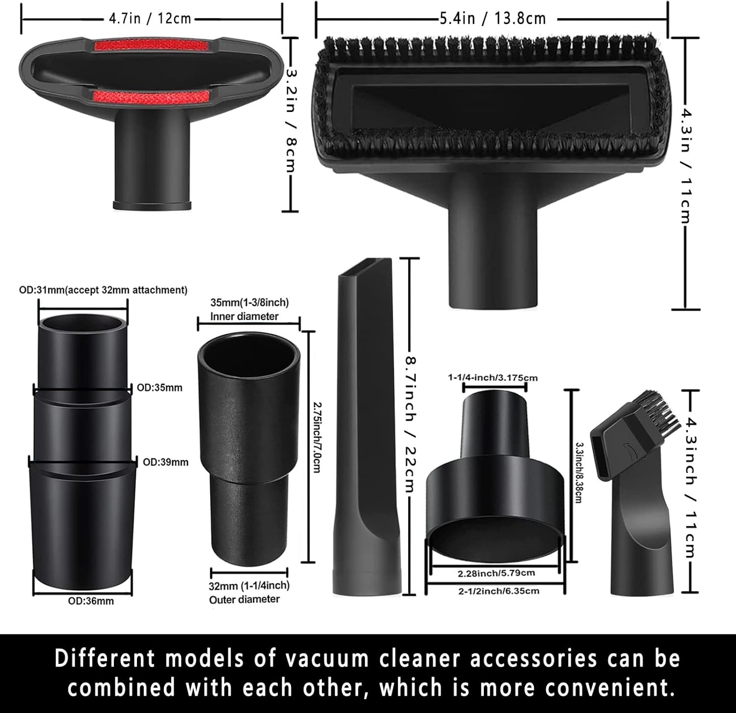 11-piece universal vacuum cleaner accessory set, includes 1-1/4 inch