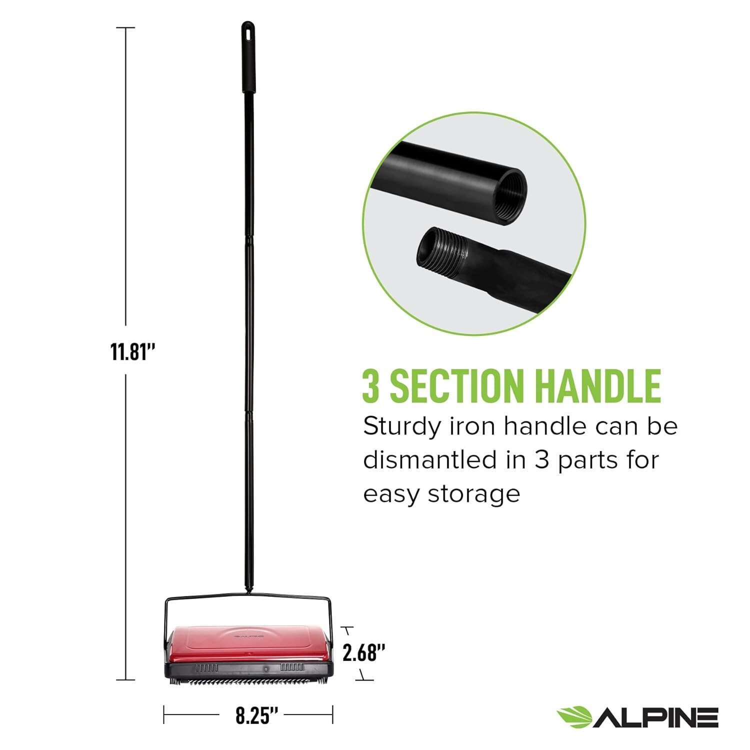Alpine Industries 11 in. Wide Manual Triple Brush Carpet and Floor Sweeper, Red