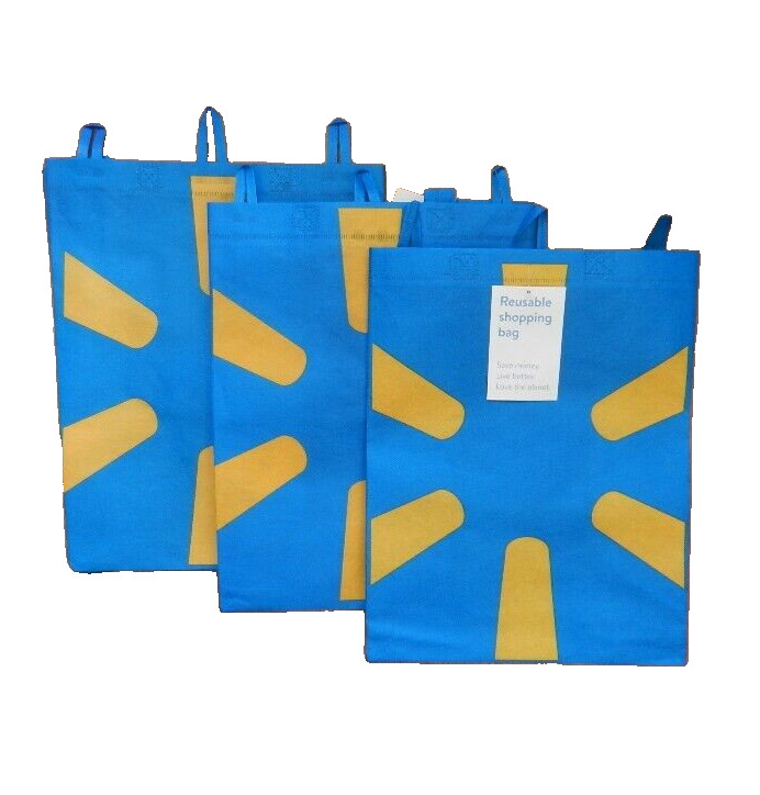 Walmart Reusable Blue Tote Shopping Grocery Bags Lot of 3, NEW