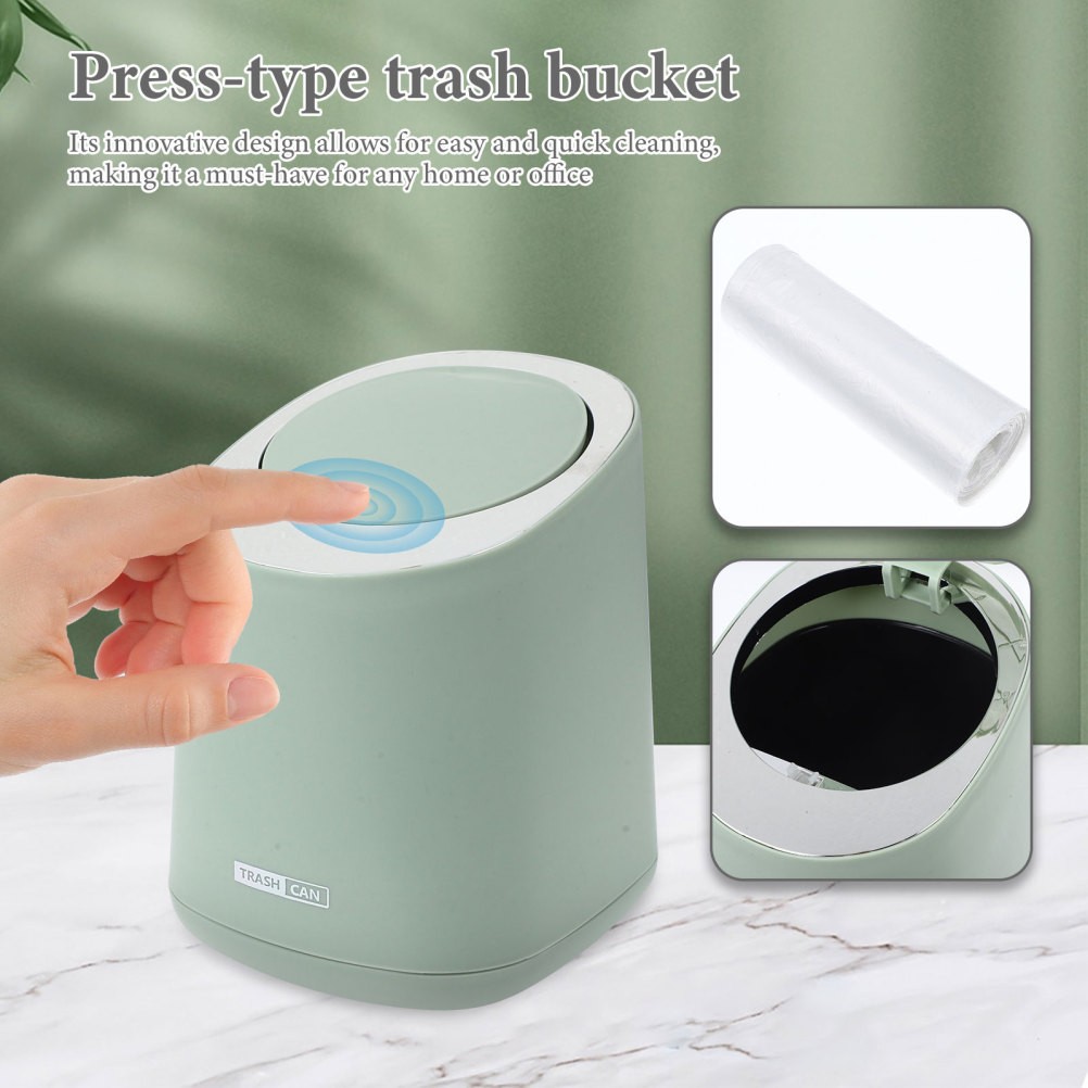 1 Set Mini Reusable Desk Trash Can with Lid Light Green ABS PP Press Type