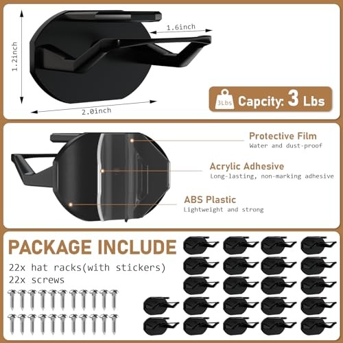 22 Pack Adhesive Hat Hooks for Wall, Super Strong Hat Rack for Black 22Pack