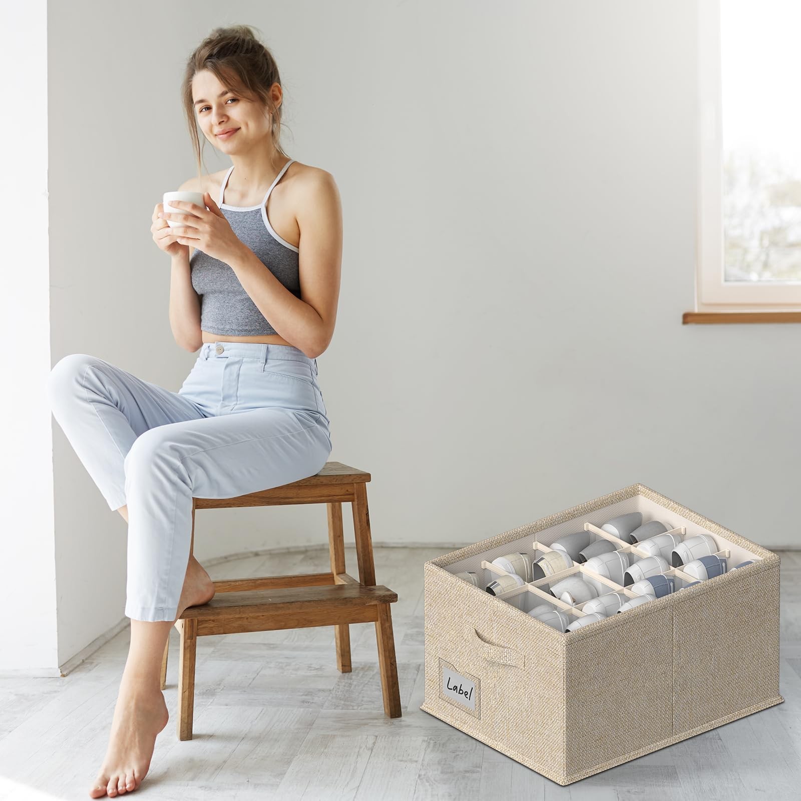 Beige Foldable Shoe Organizer Closet Storage Containers 16.5×12.6×9.5 In 4 Pack