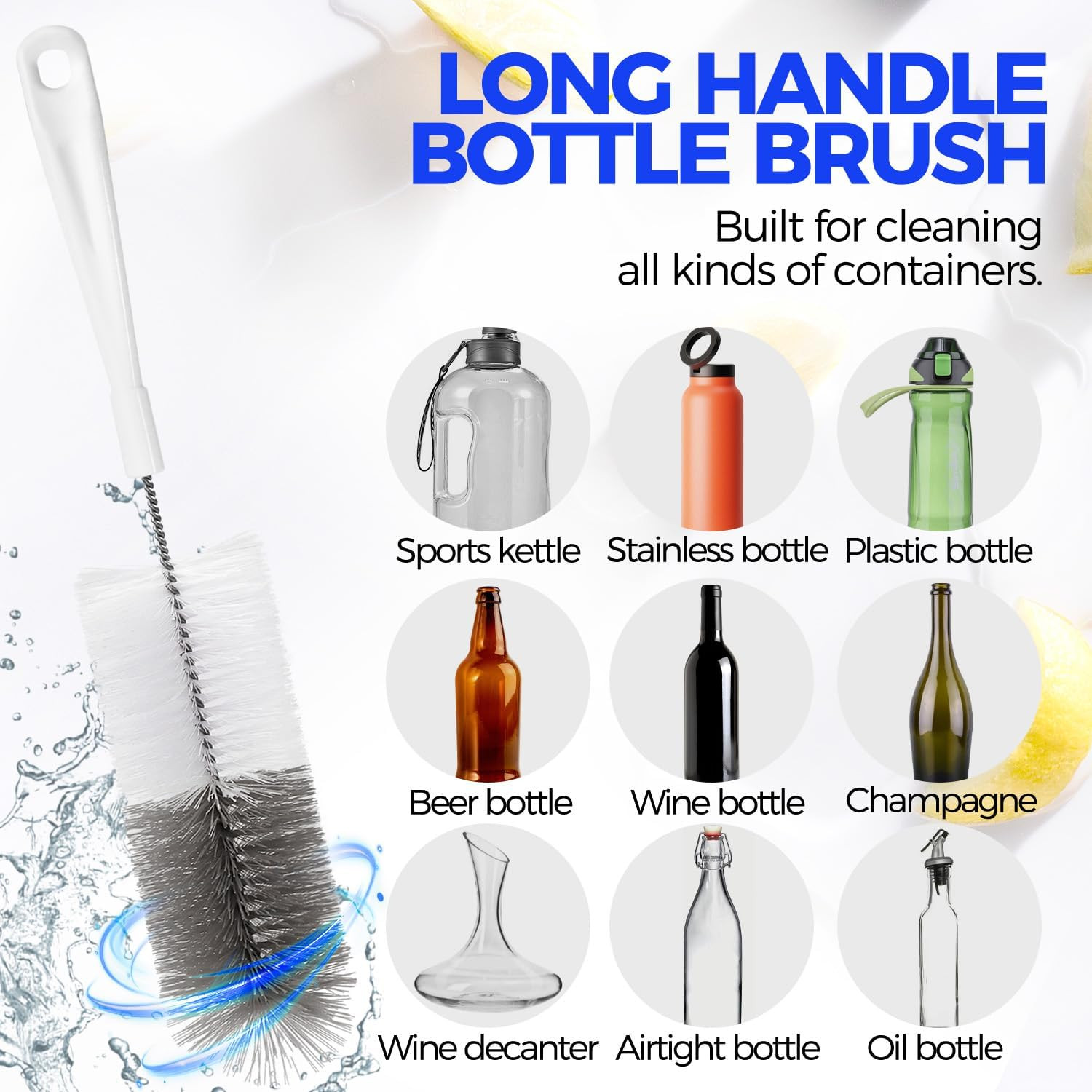 10 Pack Bottle Brush Set 15″ Long Handle Cleaner Brush,White | 15″ Long Handle B