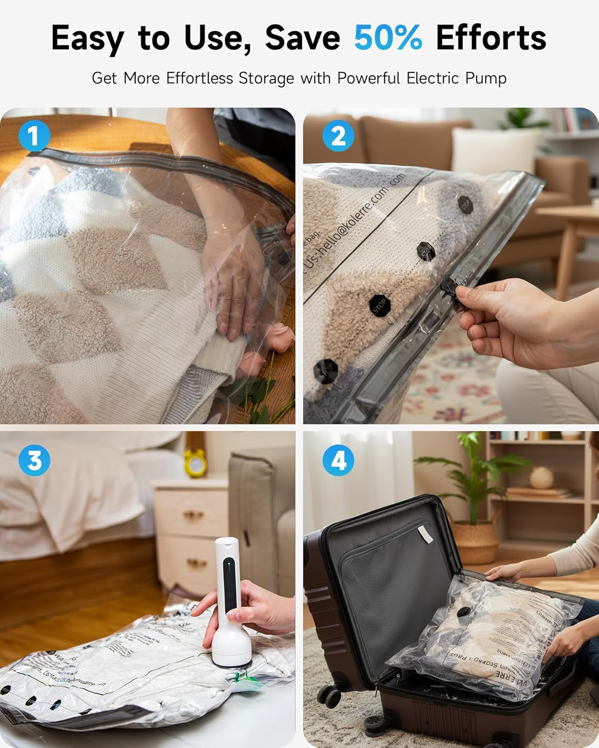 16 Pack Travel Vacuum Bags with Upgraded Rechargeable Pump, 4 Sizes Space Saver