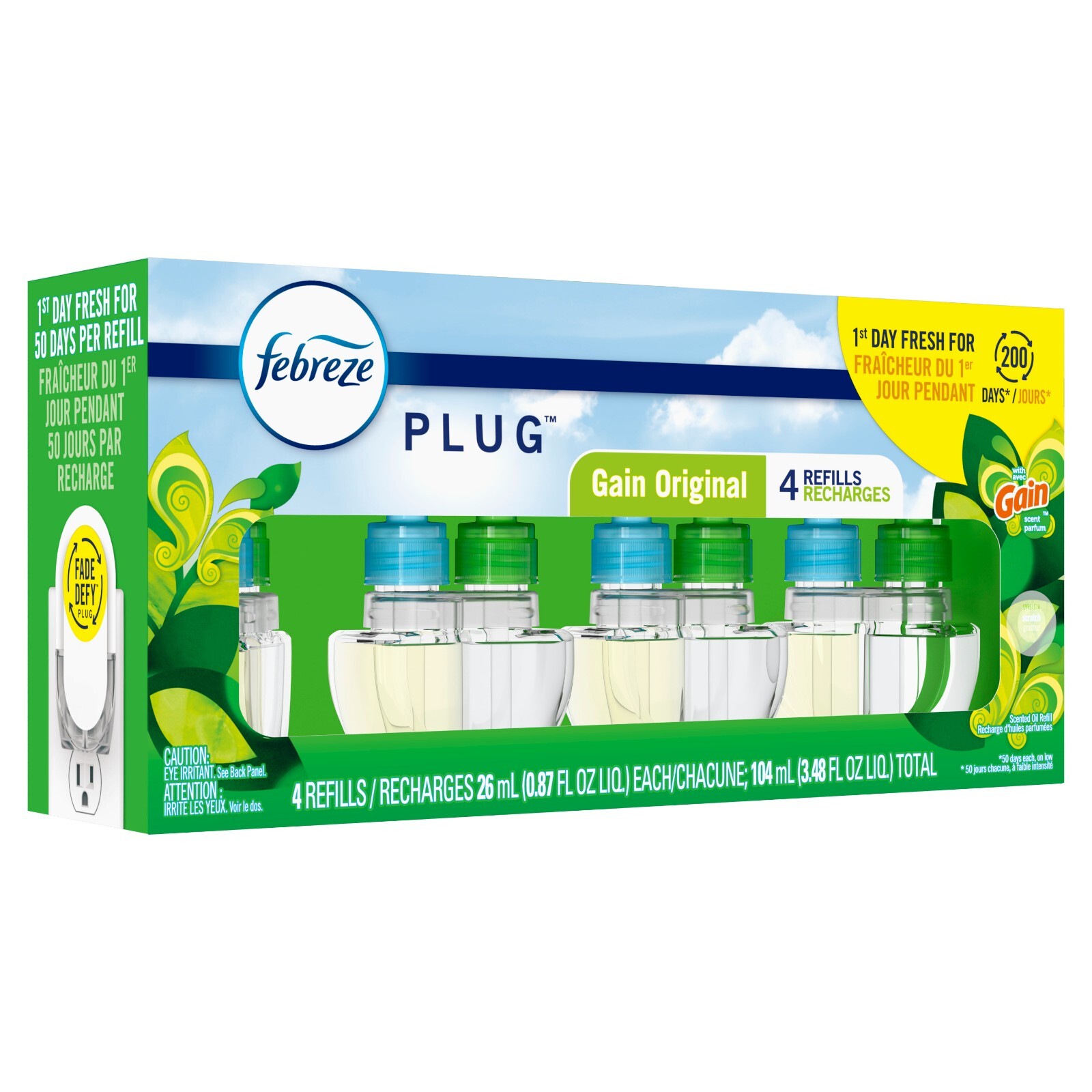 Febreze Plug In Air Freshener, Odor-Fighting Scented Oil Refill, Gain, 4 Refills