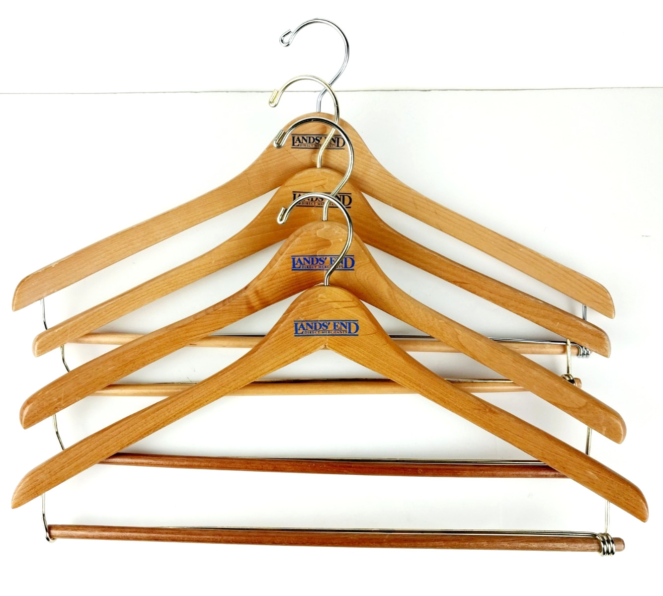 Vintage Lands End Lot of 4 Wooden Mens Suits & Pants Swivel Hook Hangers 16″-18″