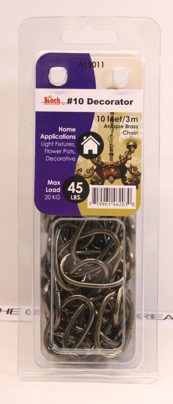 10 Feet #10 Decorator Antique Brass Chain 45 LBS Max Load 20 KG NIB