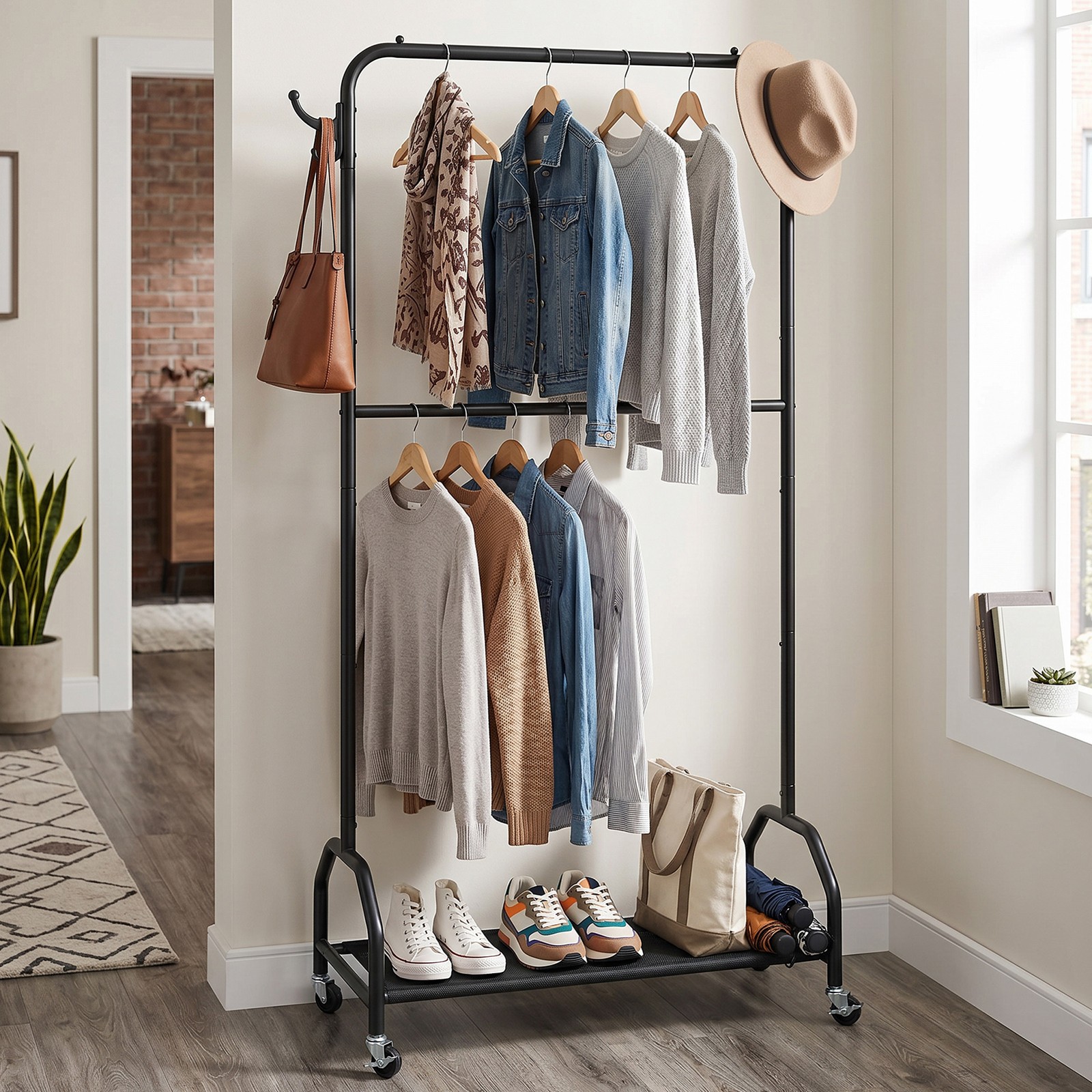 Double Rod Hanging Clothes Rack Oxford Cloth Bottom Shelf Shoe Organizer