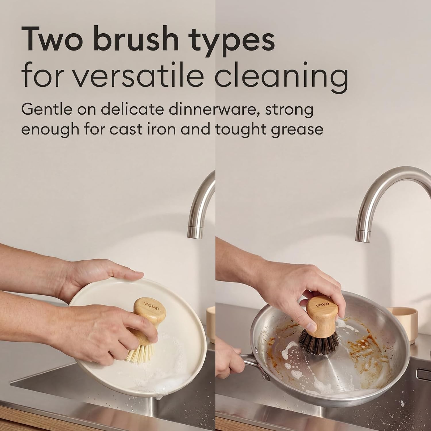 Bamboo Dish Scrub Brush Set, 3-Pack Plastic-Kitchen Brushes for Dishes Pots and