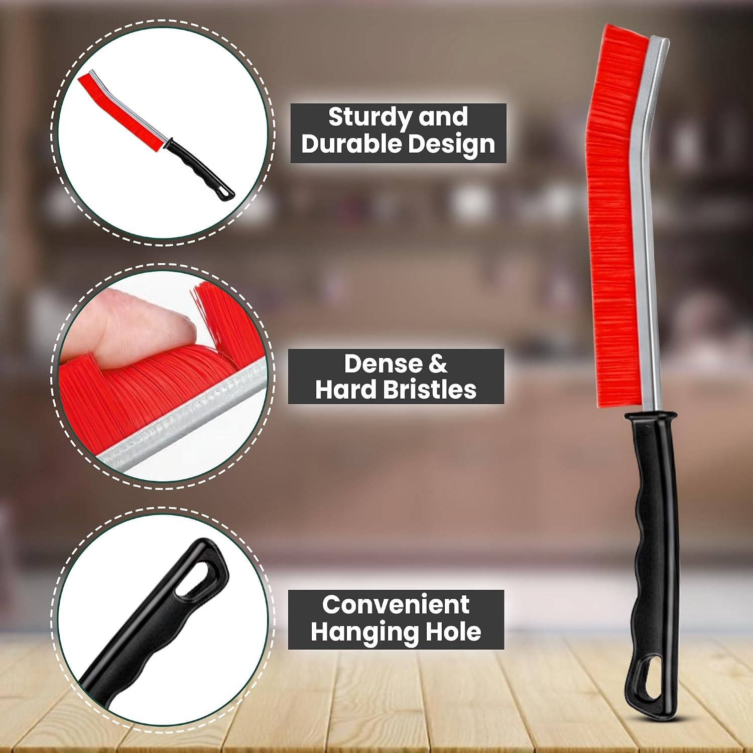 Crevice Cleaning Brush Set – 3Pcs Hard Bristle Cleaning Tools in Red, Black &