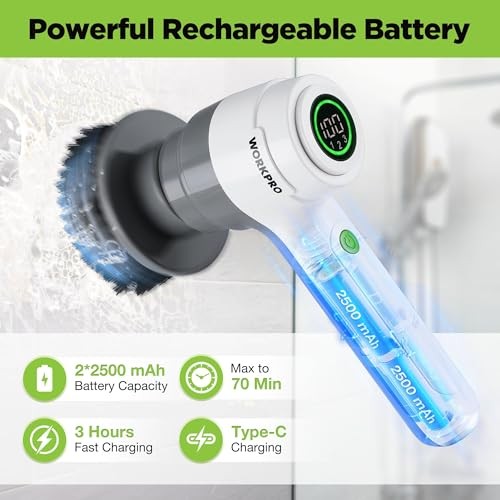 WHITE/GRAY – WORKPRO 8V ELECTRIC SPIN SCRUBBER 3SPEED 6 REPLACEABLE BRUSH HEADS